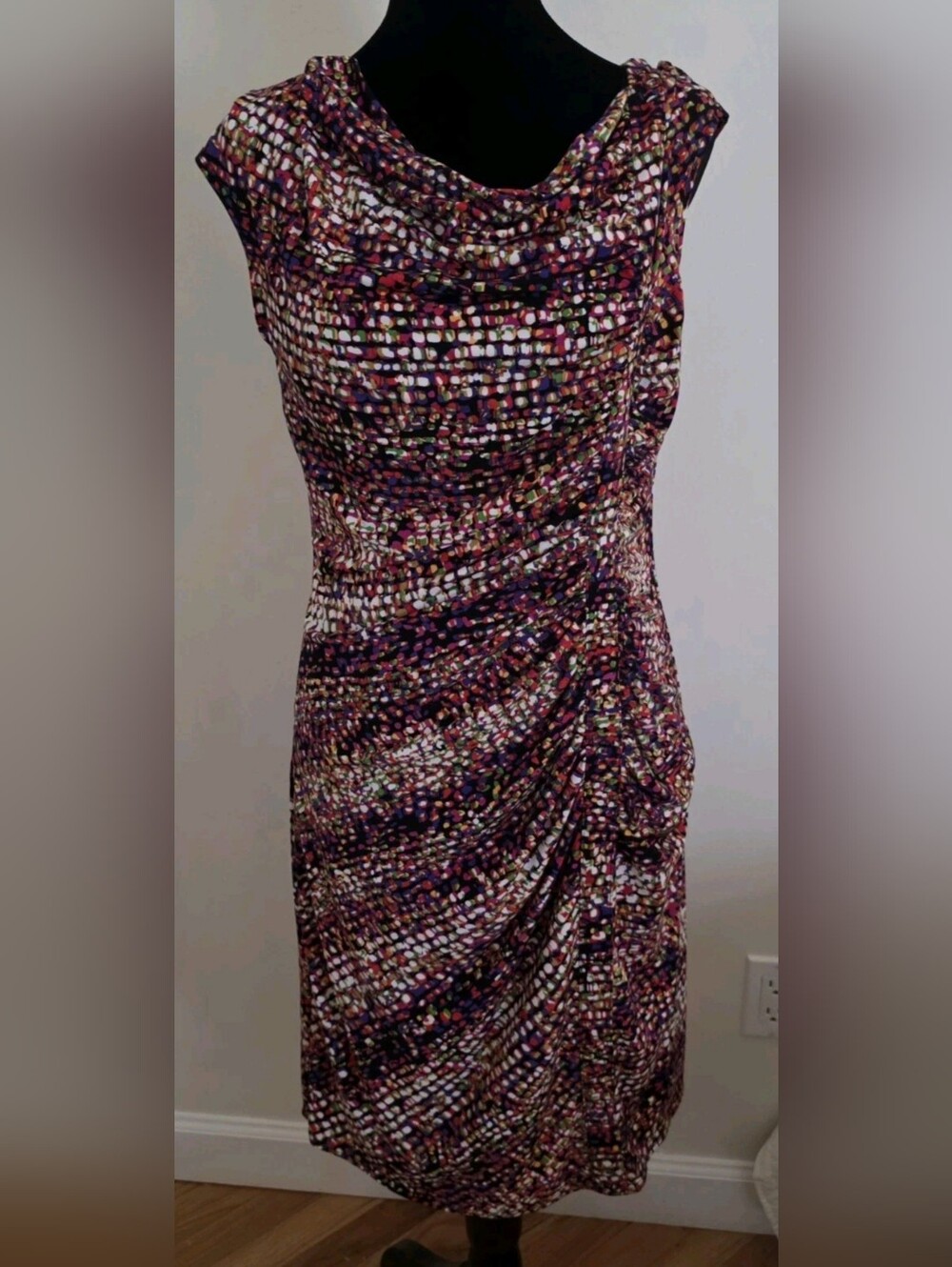 Alfani Brasil Rio Dots Ruched Drape Sheath Dress Lined , Side Zipper Sz 8
